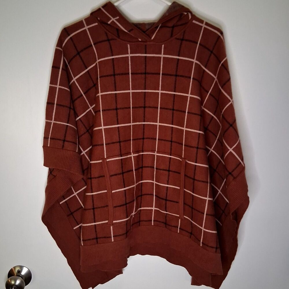 Tahari Rust Windowpane Plaid Hooded Poncho Sweater One Size Cozy Fall Layer